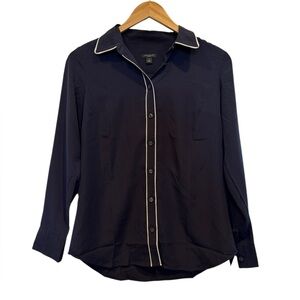 Ann Taylor Dark Navy Piped Button-Down Shirt